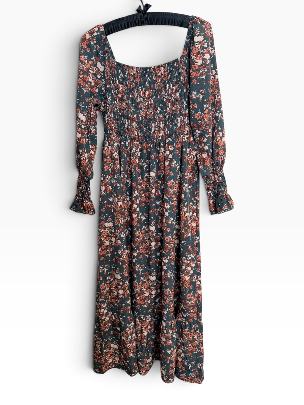 Floral Smocked Maxi Dress in Teal and Rust